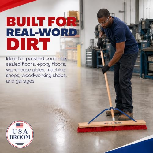 Image of 2-Pack - 36 inch Soft /Fine Sweep Indoor Push Broom with 60 inch Handle. Ideal for Epoxy & Polished Floors. Durable American Made Steel Brackets-All Stainless Steel Hardware. No Plastic. 100% USA Made