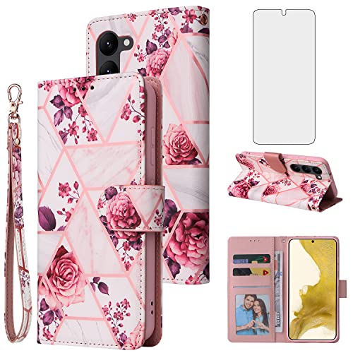 Étui portefeuille Samsung S23 Plus avec protège-écran verre trempé et béquille - Rose Gold