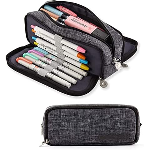 iSuperb Multi Compartments Pencil Case 3 Zippers Pencil Pouch Bag Square Grid Cosmetic Bags Organizer (Dark grey) Cover