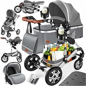 KESSER® Loops 4 in 1 Kinderwagen Kombikinderwagen Komplett-Set inkl. Babywanne & Buggy Sportsitz & Auto-Babyschale Voll-Gummireifen Wickeltasche Regenschutz Kindertisch ECE R129, Asphalt Grau/Silber