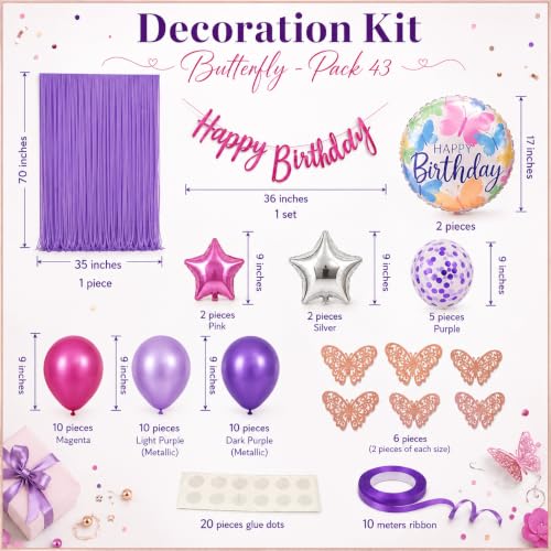 Image of AMFIN (Pack of 43) Butterfly Theme Birthday Decoration Kit Metallic Finish Women Girls Item Purple Rainbow Flower