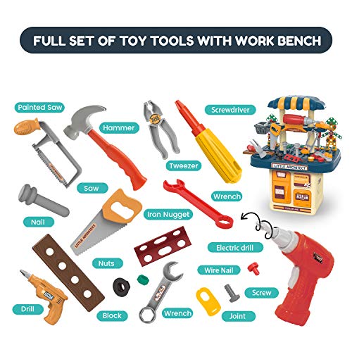 BFUNTOYS 246 PCs Kids Toddlers Toy Tool Bench Set for 2 3 4 Year Old Boys and Girls, 2 in 1 Kids Construction Toy Workbench with Building Blocks, Electric Drill, STEM Building Puzzles Work Shop Gifts