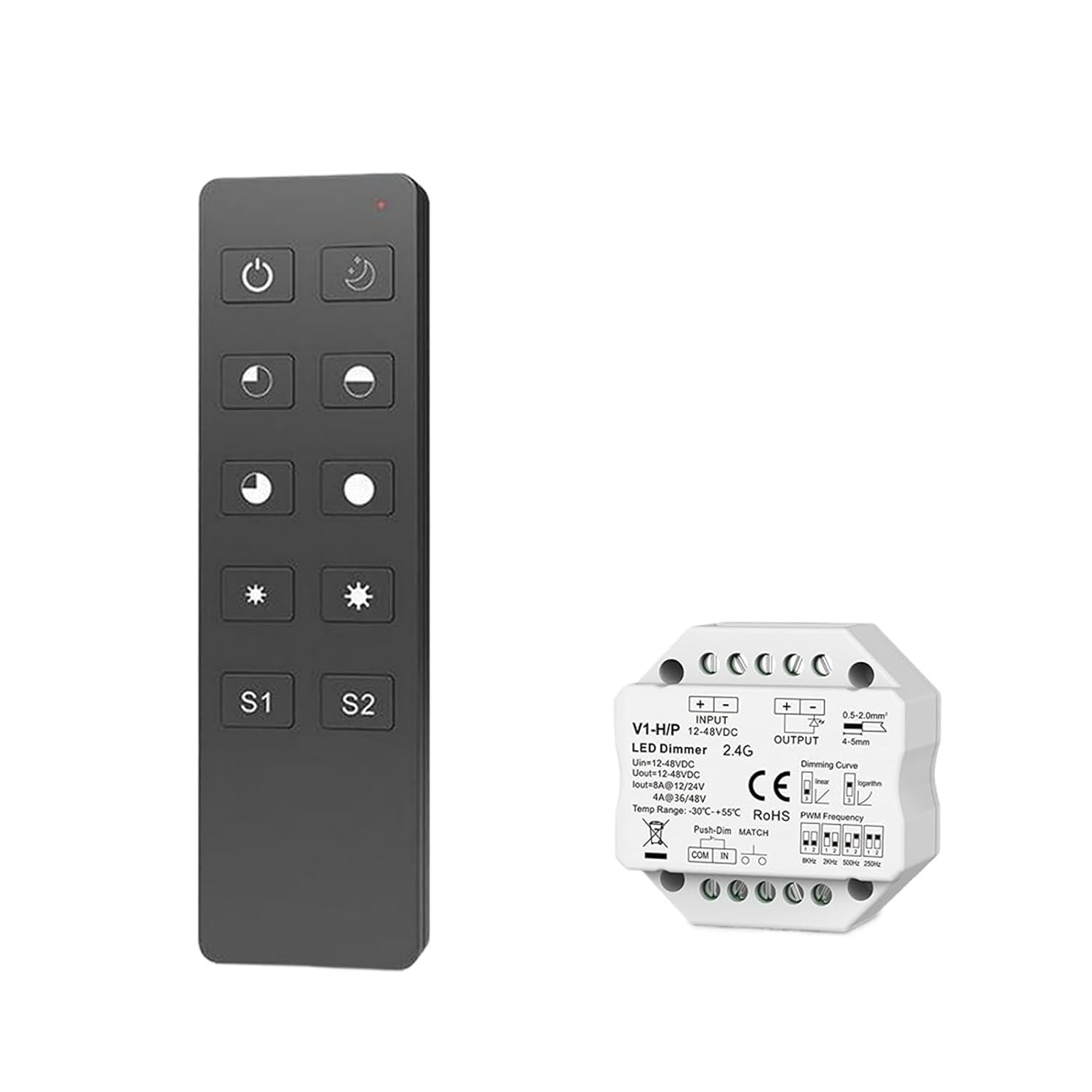 12-48VDC LED Controller Push Type dimming 250Hz 500Hz 2kHz 8kHz Four-Way PWM Frequency dimmer Suitable for Single Color LED Strip Lights(R1 and V1-H P Kits)