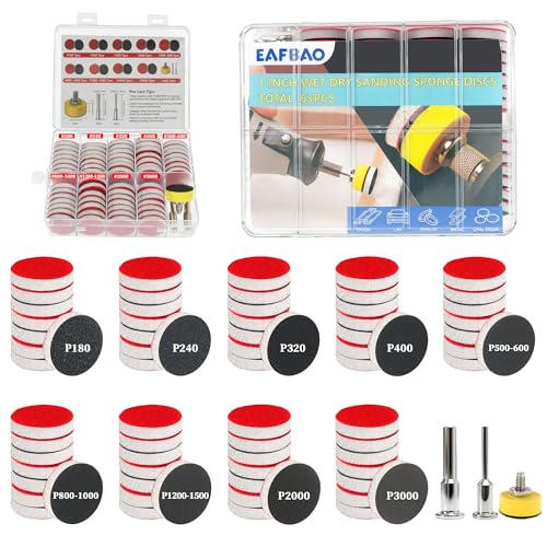 EAFBAO 63 PCS 1 Inch Sanding Discs for Drill Hook and Loop Sandpaper with 1/8 1/4 Shank Wet Dry Sanding Pads 180 to 3000 Grit Contour Sanding Pads for Curved Surfaces Resin Wood Metal (Mixed)