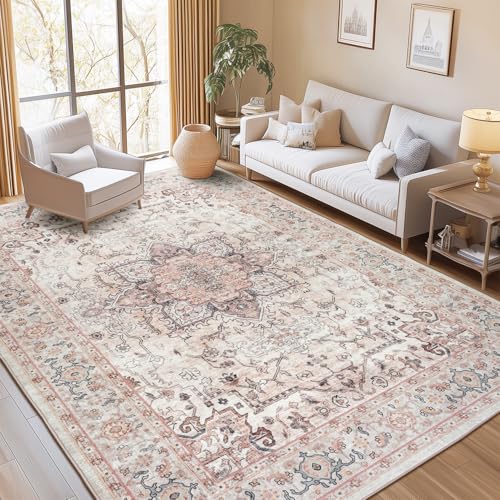 Lofus 8x10 Area Rugs for Living Room, Washable Area Rug, Rugs for Bedroom, Kitchen, Vintage Boho Carpet, Soft Non-Slip, Low Pile Large Area Rug for Office Dining Room, Pink