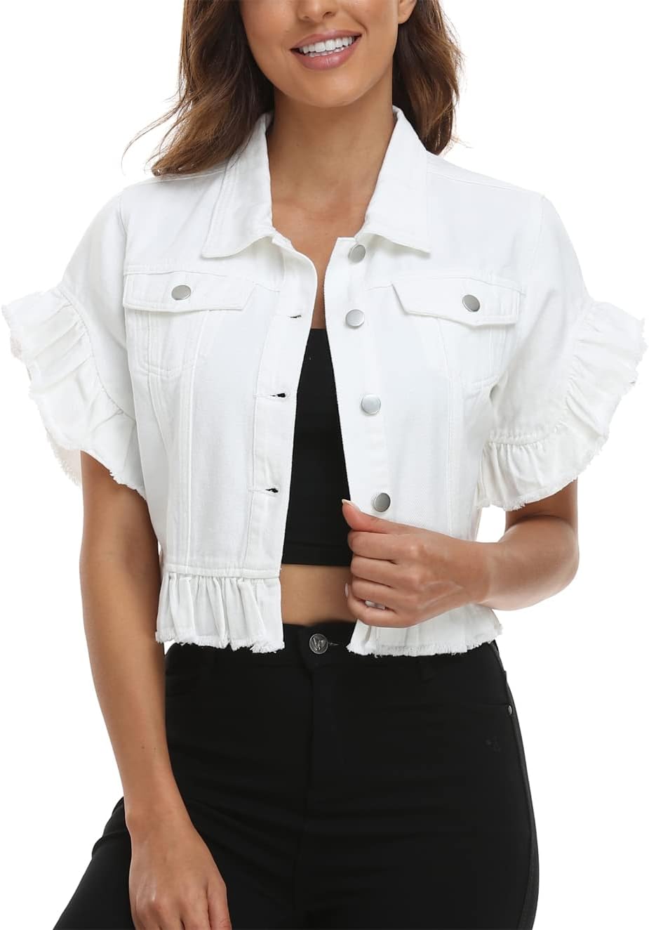 MISS MOLY Women's Denim Jacket Ruffle Sleeve Button Down Distressed Summer Cropped Jean Jackets - Image 5
