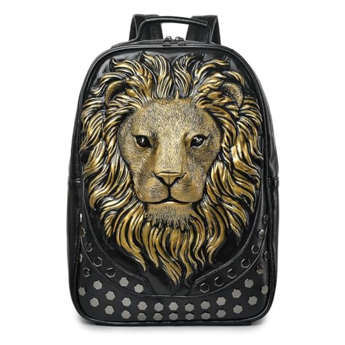 3D Lion Leather Laptop Backpack Unique Designer Fashion Travel Rivet Punk Backpack (Black G)