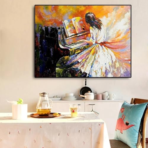 Peinture à l'huile fille jouer du piano toile mur art salon affiche cadre 30x50