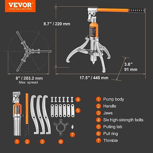VEVOR Hydraulic Gear Puller, 5 Ton Max Capacity Wheel Bearing Pulling Separator, 2 or 3 Jaws Puller, Vertically and Horizontally, 8" Jaw Hydraulic Puller with Case for Pulling Hubs by VEVOR - Image 7