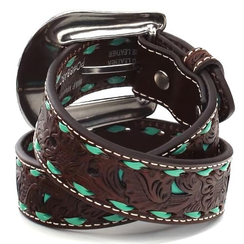 Nocona Boys Floral Tooled Belt with Turquoise Underlay and Buckstitch3