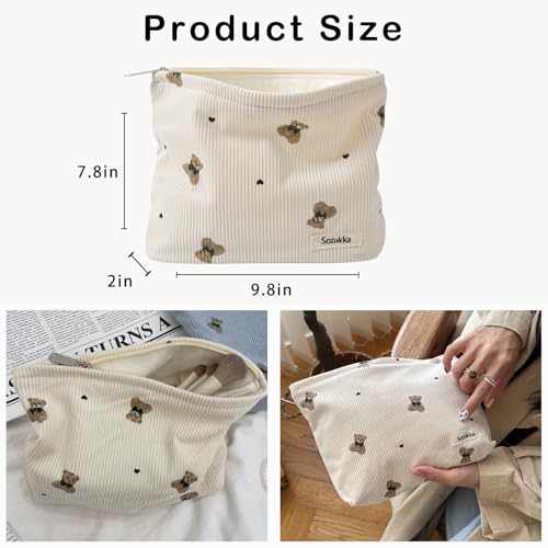 Cute Small Soft Corduroy Zipper Makeup Bag for Purse, Coquette Aesthetic Pouch with Bear Pattern for Women Girls, Kawaii Travel Cosmetic Bags（03Beige）2