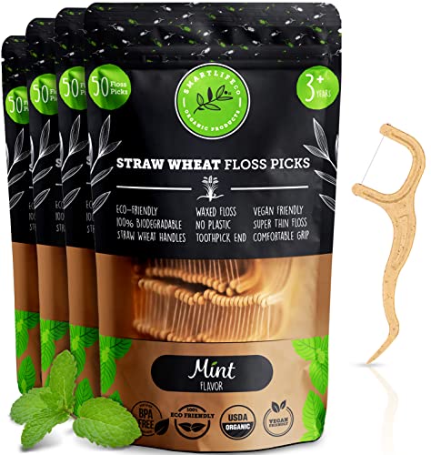 SmartLifeco Biodegradable Dental Floss Picks - Plant Based Handle, Thin Thread Tooth Flossers for Adults & Kids, Eco Friendly Toothpick Soft on Gum & Teeth, Compostable Zero Waste Vegan, 200 Mint