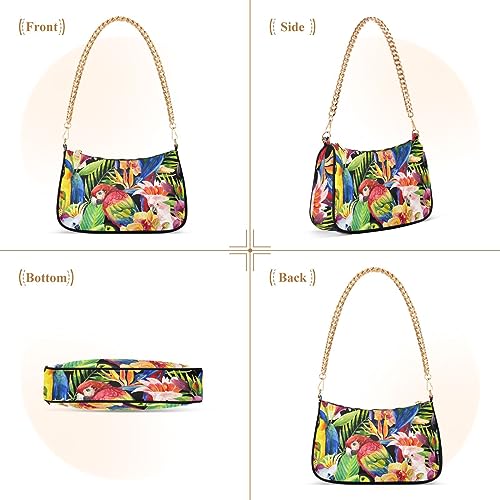 Watercolor Parrots Bird Tropical Flowers Shoulder Handbags for Women Travel Hobo Tote Handbag Women Gold Chain Shoulder Bags Purse with Zipper Closure