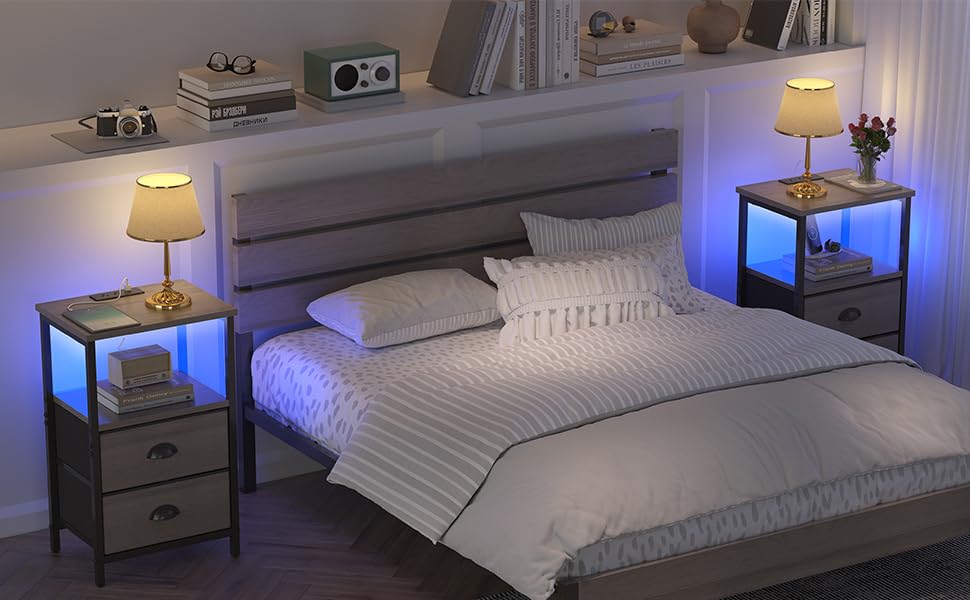 Mesita de noche con estación de carga, mesita de noche LED con 2 cajones de tela, mesa auxiliar gris con cajones, mesa auxiliar de almacenamiento de 2 niveles con cajones para dormitorio, gris 8