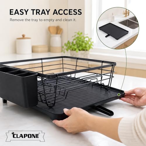 Image of CLAPONE 1 Tier Dish Drying Rack for Kitchen Countertop, Large Dish Drainer with Drainage Spout, Utensil Holder, Plate & Cup Storage Rack, Countertop Utensils Organizer Black (42x29x16 CM)
