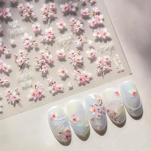 Pretty Diva Cherry Blossom Nail Art Sticker, 5D Embossed Pink Flower Nail Sticker Decals in Spring Summer, Cute Self-Adhesive French Tip Nail Decal DIY Decoration (Cherry Blossom)