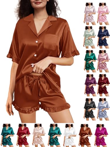 WJing Yi Jia Womens Silk Pajamas Set XS-4XL Button Down