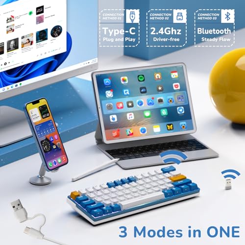 Image of RK ROYAL KLUDGE RK61 Plus Wireless Mechanical Keyboard, 60% Percent Gaming Keyboard w /Bluetooth /2.4G /USB Wired, Hot Swappable PC Game Keyboards with USB Hub, Quiet Linear SkyCyan Switches, White