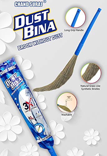 Image of CHAND SURAJ Broom Plastic for Home Cleaning | DustBina -XL 100 cm | Soft Synthetic Bristles Like Natural Grass | Plastic Ka Phool Jhadu | Leaves No Dust on Floor | Handle Length 50 cm | Blue (1)
