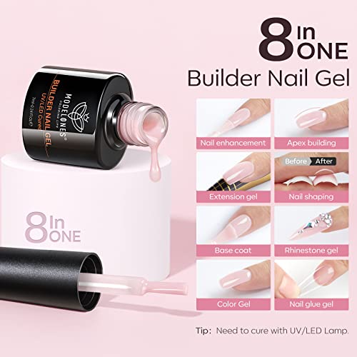 modelones 8-in-1 Gel Construction Ongle UV, 6PCS Rosa Gel Ongle, Gummy Base Pose Americaine Set, Vernis Gel UV Semi Permanent, Capsules et Extensions, pour Réparation de Manucure, Gel X, Kit Manucure