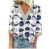 Women Tee Summer 2023 Casual Dressy 2023 Summer Flowy Tops Lace Trim Summer V Neck Tshirt for Women Trendy Polka Dots Print Casual Dressy Tunics 3/4 Length Sleeve Shirts Work