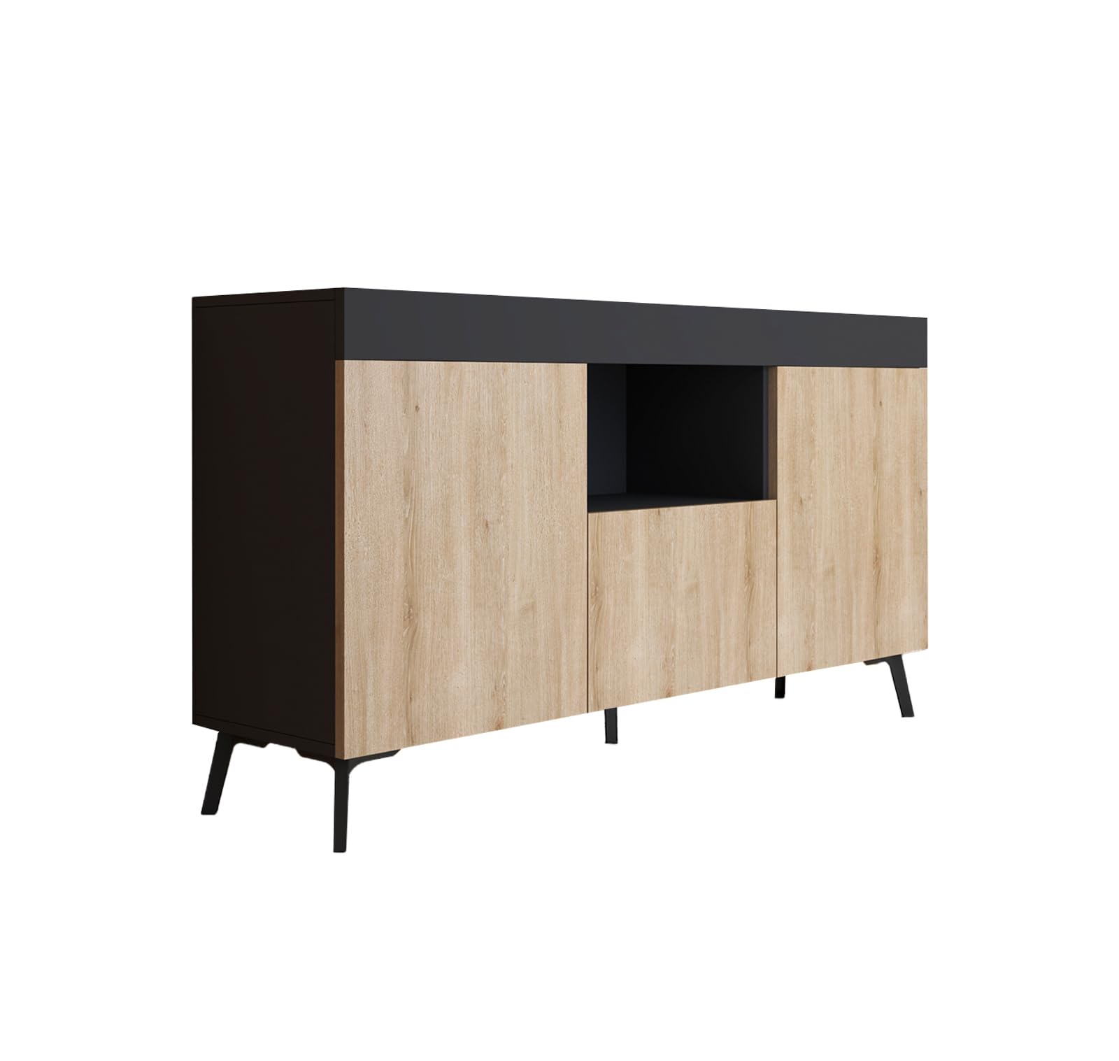 MB Muebles Bonitos | Aparador bajo Kai con 3 Puertas para Salón Comedor Moderno | Mueble de Melamina Mate | Color Negro y Sonoma | 130x70x32,5 cm