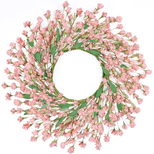 MSMUH 24 Spring Wreaths for Front Door Not Withering Artificial Floral Wreath with Wildflowers Summer Decorations for Indoor Outdoor Window Wall Farmhouse Porch Wedding Easter Home Decor Pink