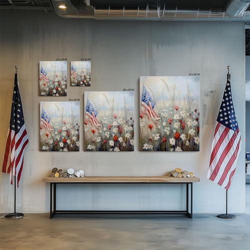 Image of Memorial Day Canvas Print, Patriotic American Flag Wildflowers Oil Painting, Red White Blue Field Poster Framed Art, USA Independence Day Artwork for Living Room or Porch Decor 20x24inch