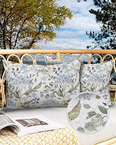Outdoor Pillow Covers Waterproof, Light Blue Hydrangea Throw Pillowcase Decorative Cover, Spring Floral Leaves Botanical Aesthetic Lumbar Pillow Covers Set of 2 for Sofa, Couch, Patio 20