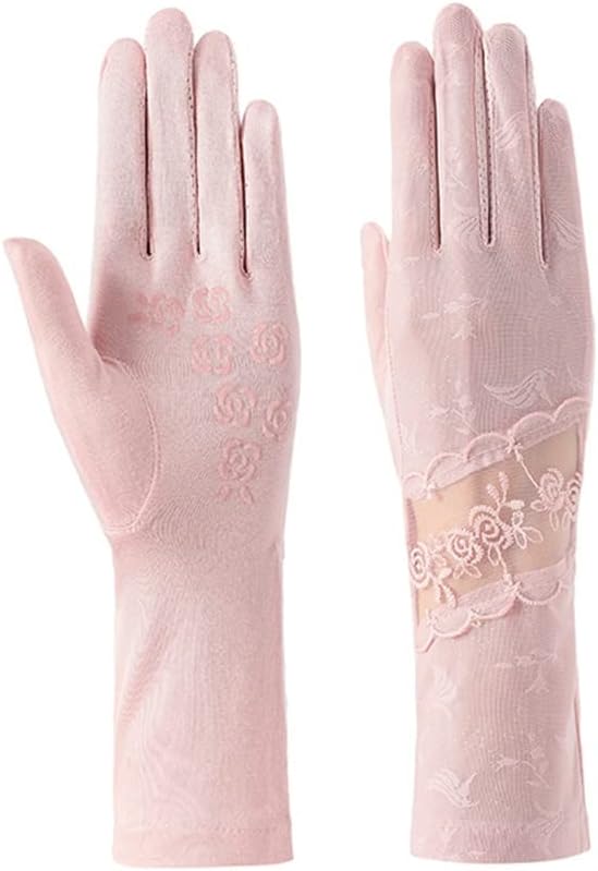 Driving Gloves Ladies Thin Ice Silk Mid-Length Arm Lace Riding Touch Screen Breathable(D)