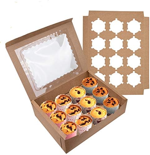 Jucoan 20 Pack Kraft Cupcake Boxes Containers with Clear Display Window, Brown Cupcake Carriers Hold 12 Standard Cupcakes, Cake Trays Holder for Cookies, Muffins and Pastries