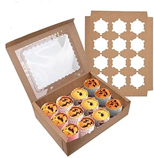 Jucoan 20 Pack Kraft Cupcake Boxes Containers with Clear Display Window, Brown Cupcake Carriers Hold 12 Standard Cupcakes, Cake Trays Holder for Cookies, Muffins and Pastries