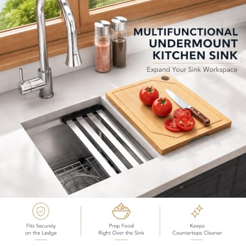 Image of LQS 13 Inch Undermount Bar Sink, Stainless Steel RV Kitchen Sink, 10 inch Depth Small RV Kitchen Sink, 16 Gauage Stainless Steel Material, Workstation Ledge With Cutting Board and Abundant Accessories