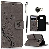 Galaxy S6 Edge Wallet Case - Mavis's Diary Premium PU Leather with Fashion Floral Magnetic Clasp Card Holders Folio Cover for Samsung Galaxy S6 Edge with Hand Strap & Crystal Pen & Dust Plug(Gray)