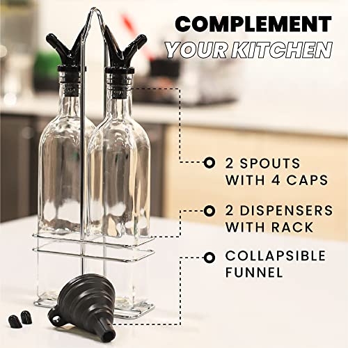 Zeppoli Olive Oil Dispenser Bottle Set - Stainless Steel Rack 2 Pack - Oil & Vinegar Dispenser Set - 4 Removable Dual Spout, Pouring Funnel -17 Oz Oil & Vinegar Glass Bottle Set-Oil Cruet For Kitchen #TOP5