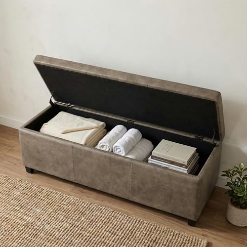 Image of SIMPLIHOME Avalon 48 inch Wide Vegan Leather Storage Ottoman in Grey Brown