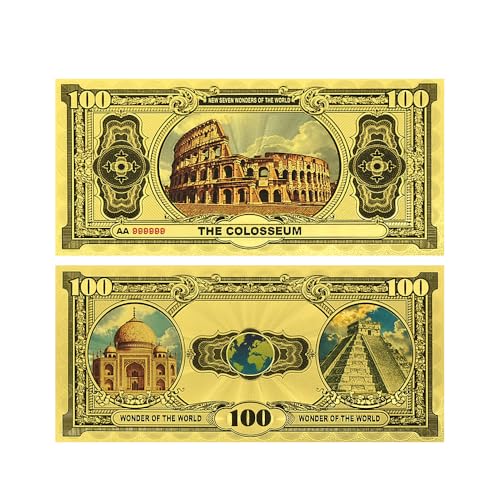 New Seven Wonders of The World Gold Foil Banknote Set – 7-Piece Collectible Notes Featuring Pyramid, Christ The Redeemer, Taj Mahal, Colosseum, Great Wall, Petra & Machu Picchu with Certificate