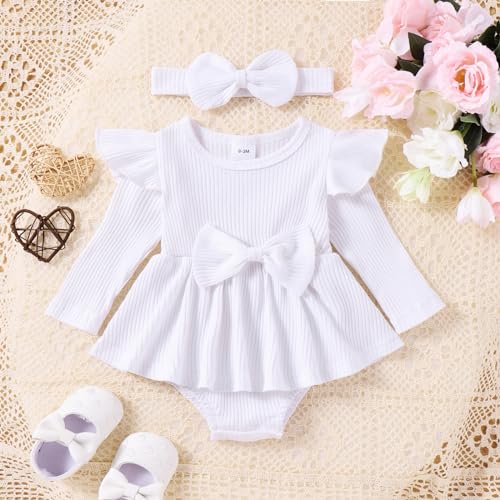 Mubineo NENEF0S9KAY5LMMSD2 Baby Girl Cute Clothes Romper Dress Outfits Fall Winter Ruffle Long Sleeve Basic Plain Rib Knit Newborn Outfit thumb #2