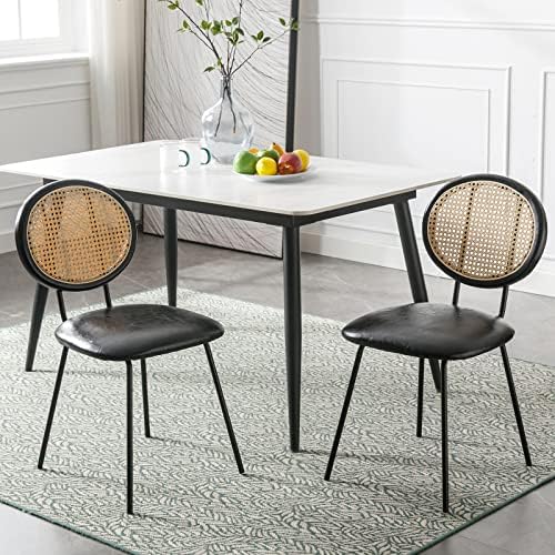 Okeysen Rattan Dining Chair,Indoor Kitchen Dining Chairs Set of 2,Mid-Century Modern Dining Chairs with Metal Leg&Rattan Backrest,Armless Mesh Back Cane Chairs for Dining Room