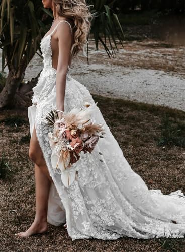 A-Line Sexy Boho Wedding Dresses Bridal Gowns Sweetheart Sleeveless Court Train Lace with Appliques Split Front 20243