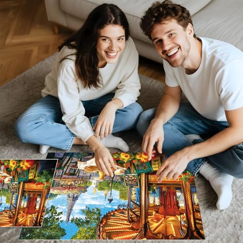 Puzzle para adultos de 2000 piezas, escena romántica de la calle en París con Torre Eiffel, carrusel y café, tamaño terminado 39" x 28" miniatura 4