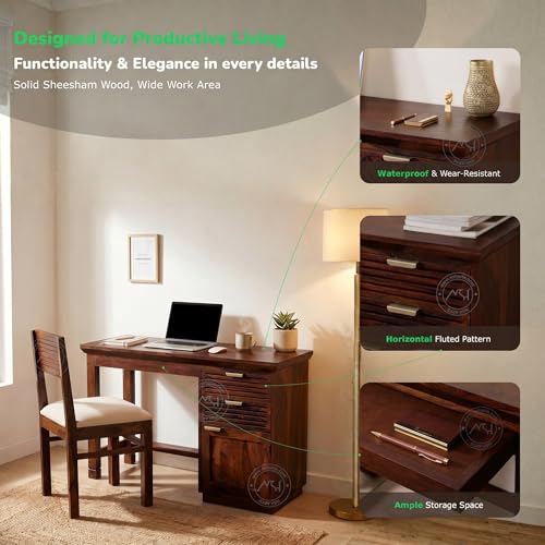 Image of NSH Solid Sheesham Wood Study Table with Chair | Wooden Writing Desk with Drawer & Door Storage | Pre-Assembled Computer Desk Workstation for Home Office & Study Room | Teak Finish