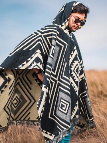 Image of Wool Poncho Men - Handmade Alpaca PONCHO - Mexican Poncho Style - Cowboy Ponchos for Men - Alpaca Ponchos.
