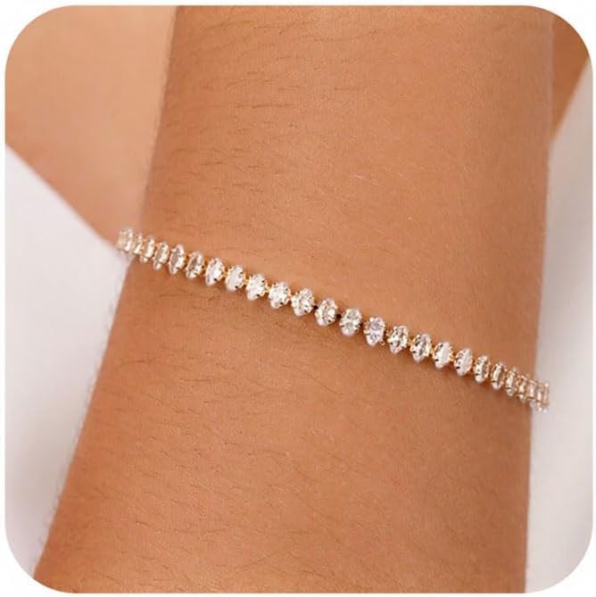 14K Gold Plated Cubic Zirconia Classic Tennis Bracelets for Women - Round, Oval, Baguette Cut CZ Diamond Bracelet Wedding Bridal Prom Jewelry Gifts Size 6.5"+1"