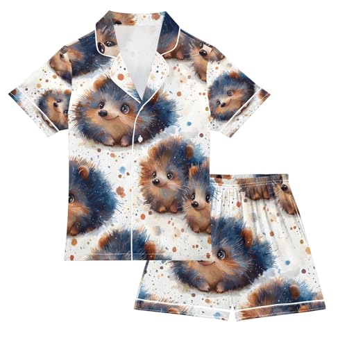 senya Cute Hedgehog Watercolor Satin Summer Pajama Sets Silk Short Sleeve Button Down Sleepwear