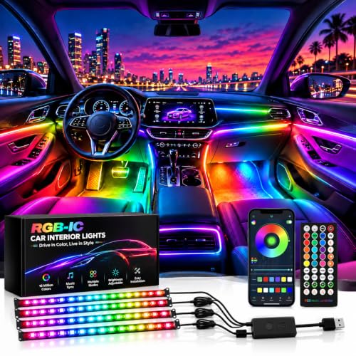 72 LED USB Interior Strip Lights, RGB-IC 4-Line Car Ambient Lighting Kit