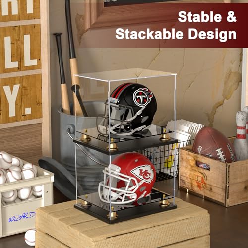 Image of Mini Football Helmet Display Case Self-Assembly Dustproof Acrylic Display Case for Mini Football Helmet Baseball Motorcycle Helmet with Metal Bell Base (8.3x6.3x7.1 inch)