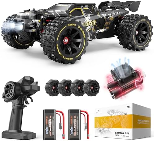DEERC 14210 1: 14 Extreme Fast RTR Brushless RC Car for Adult, Max 50+MPH 3S Hobby RC Truck, All Terrain RC Monster Truck, 2 Li-po Batteries