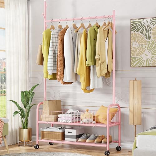 Image of Lukzer | MGR-002 | Pink | Metal Cloth Stand & Garment Rack with Wheels, 2 Bottom Shelves & Single Rod - Space-Saving Clothes Organizer for Bedroom, Laundry, Entryway & More | 173 x 90 x 34 cm
