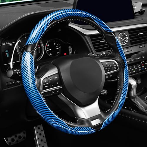 Image of Amiss 3pcs Carbon Fiber Anti-Skid Steering Wheel Cover, Waterproof Design, Universal Fit for 14-16 Inch Car Wheel Cover, Interior Car Accessories for Jeeps, SUVs, Trucks (Glossy Blue)